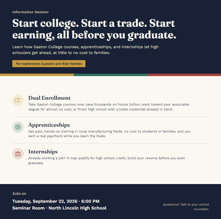 A flyer lists three college/trade options: Dual Enrollment, Apprenticeships, Internships. Information includes start dates and locations.