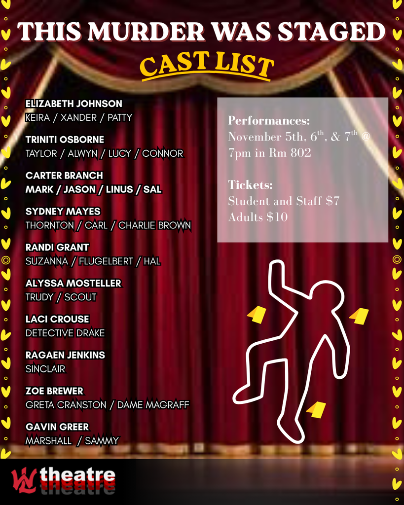 Description: Dark red curtains serve as the backdrop for a theatre flier announcement listing the cast and performance dates of an upcoming production. A crime scene chalk outline of a body fills the bottom right corner of the flier.