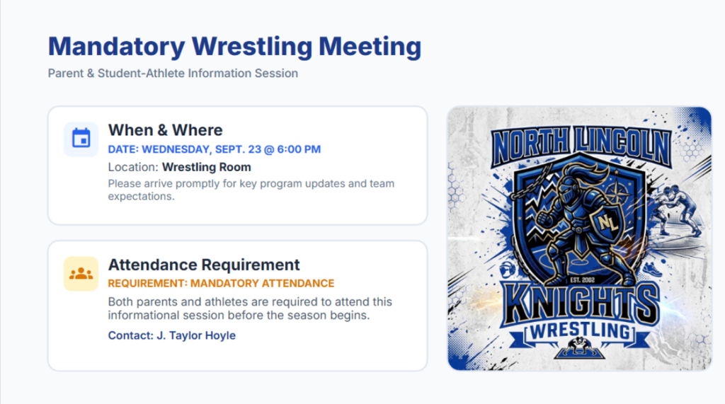 Mandatory wrestling meeting details displayed with a team logo on a white background. The logo reads "Knights Wrestling".