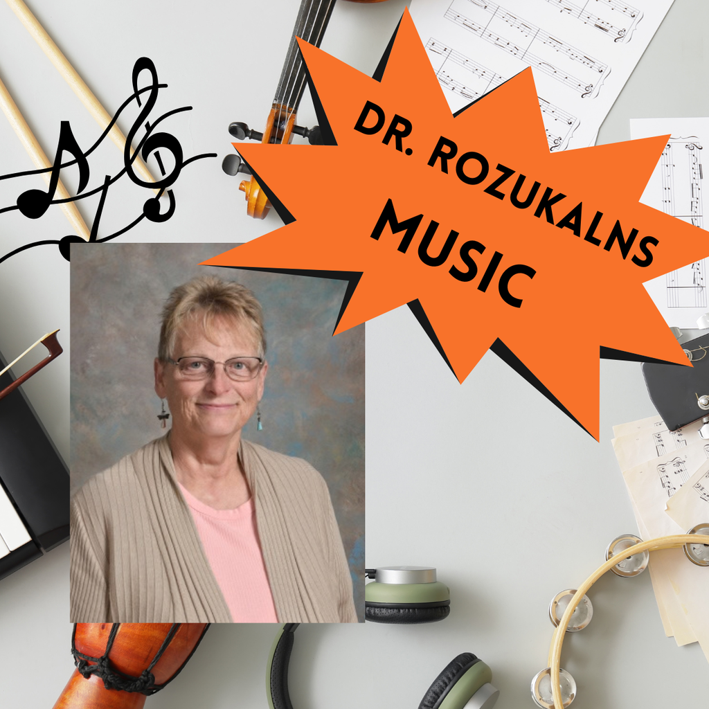 An image of a woman and musical instruments. A star-shaped text says "DR. ROZUKALNS MUSIC".