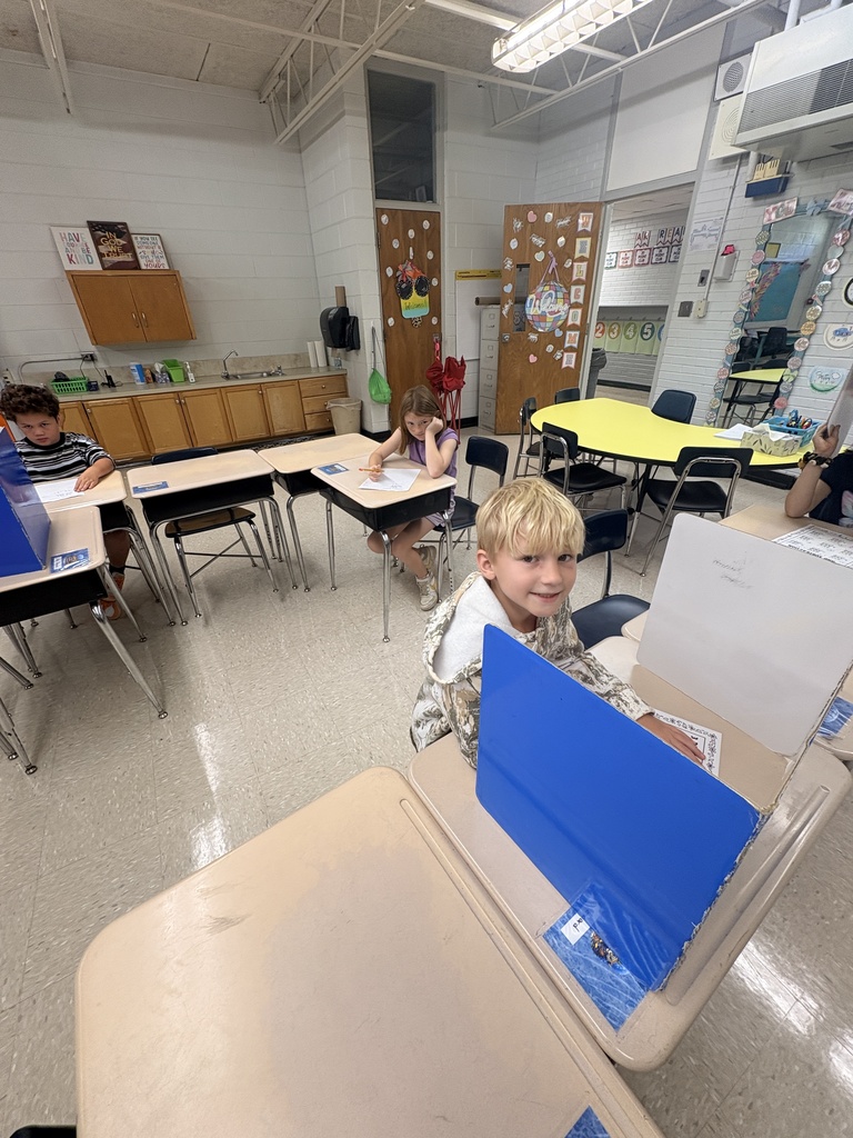 Classroom with children seated at desks; one child leans on a desk with a blue partition.