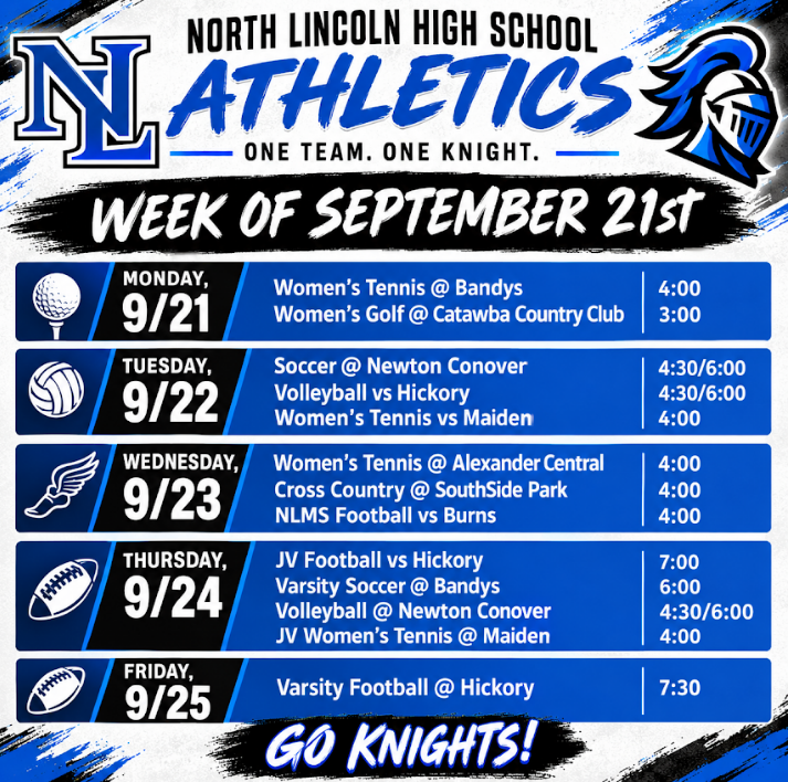 Poster with blue and black background. Schedule for North Lincoln High School Athletics, week of September 21st.