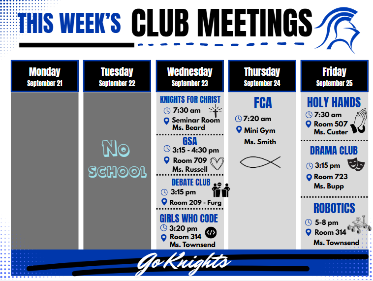 Schedule shows club meetings for five days. From left to right: Monday, Tuesday, Wednesday, Thursday, Friday.