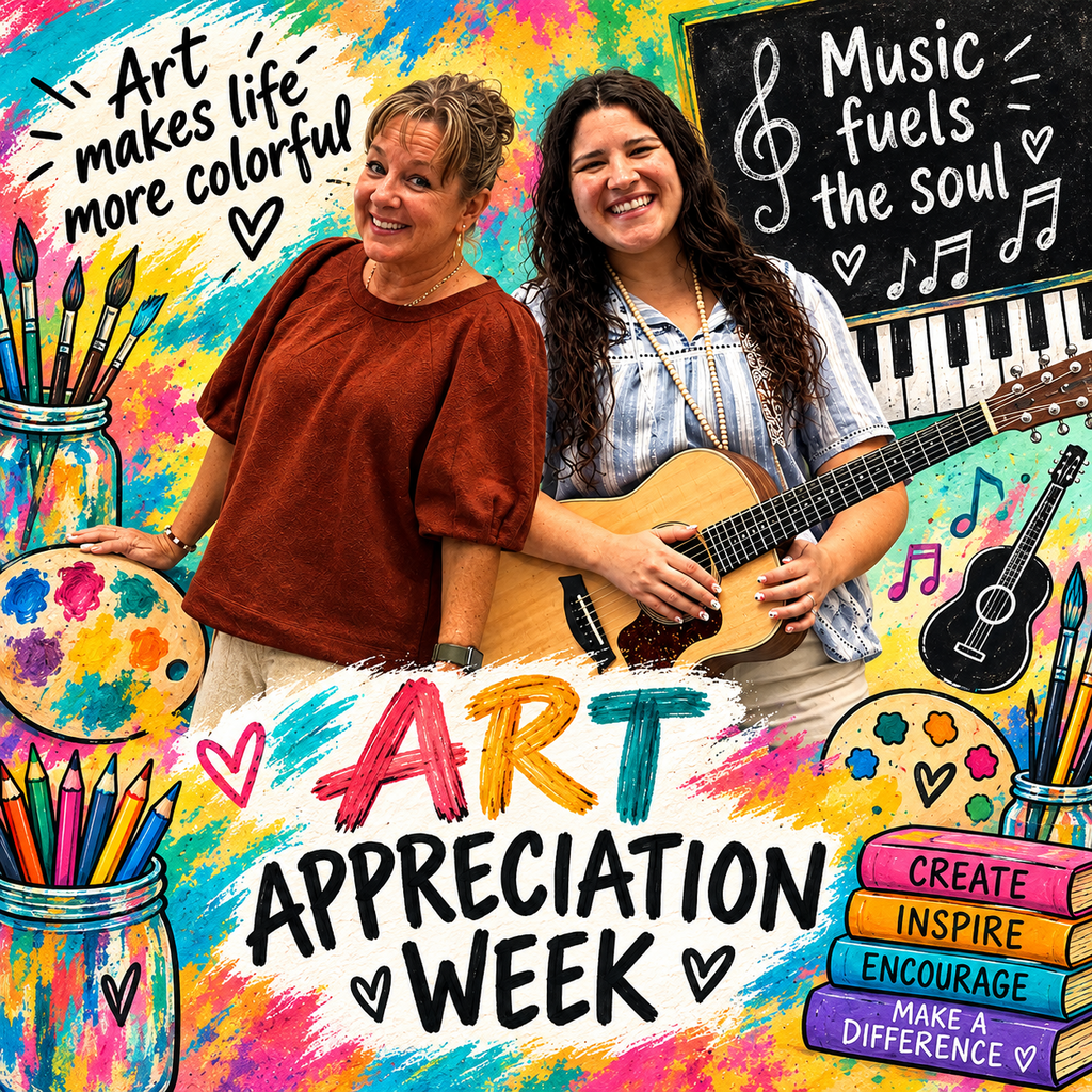 Two women smiling, one with a palette, the other with a guitar. Background features colorful text, music notes, and a blackboard.