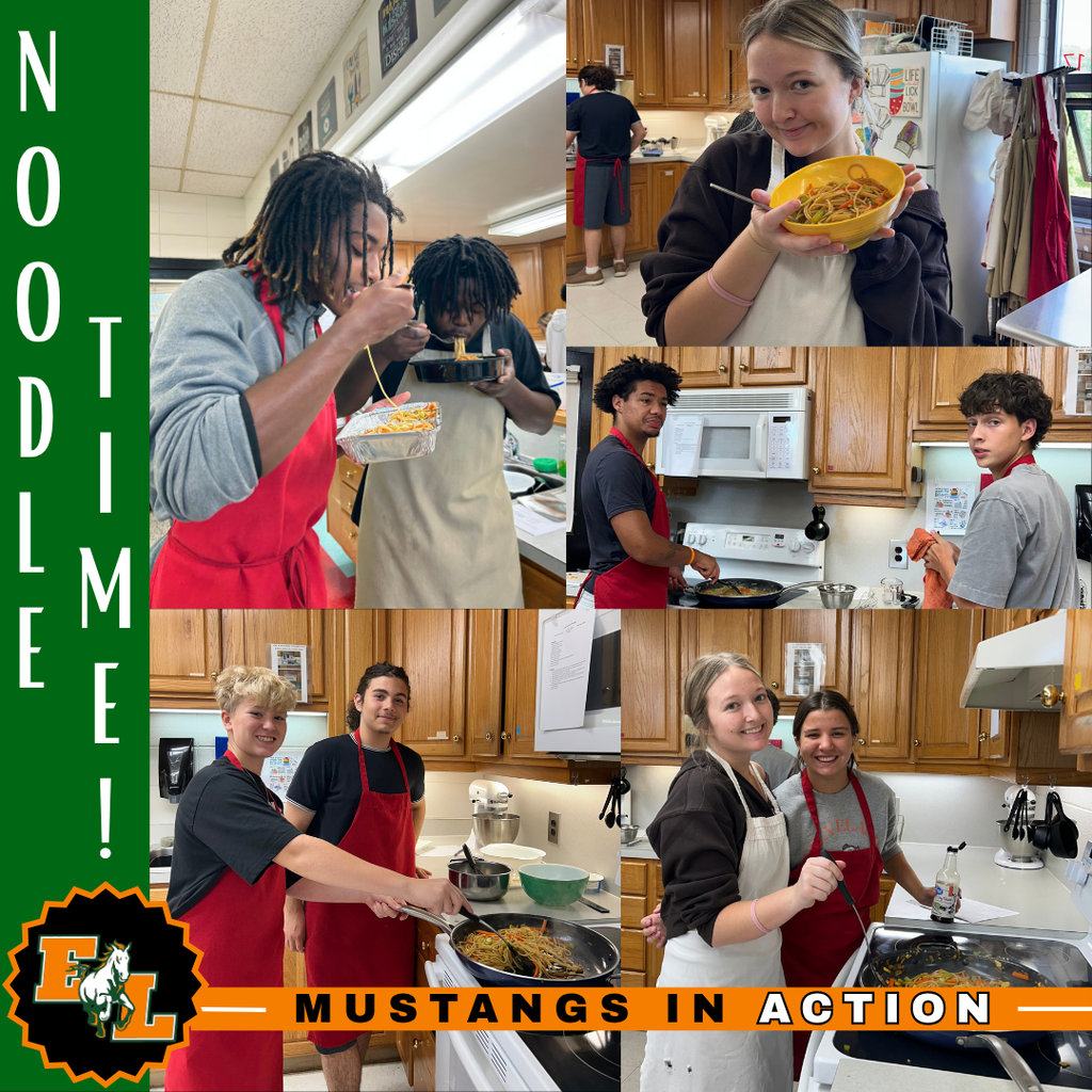 Collage of students in a kitchen. Each student wears an apron and cooks. Green and white text reads "MUSTANGS IN ACTION".