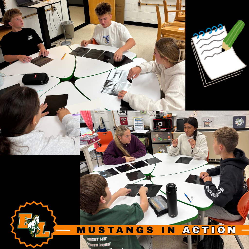 Four photos of students in a classroom setting, using tablets, with a black background and logo.
