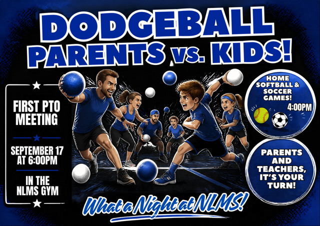 A dodgeball event poster showing kids and adults playing dodgeball, with the text "Dodgeball Parents vs. Kids!" and event details.