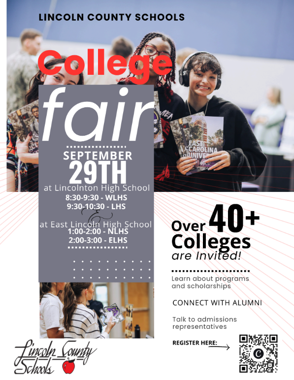 A poster for the Lincoln County Schools College Fair, showcasing three students with college brochures and information about the event.