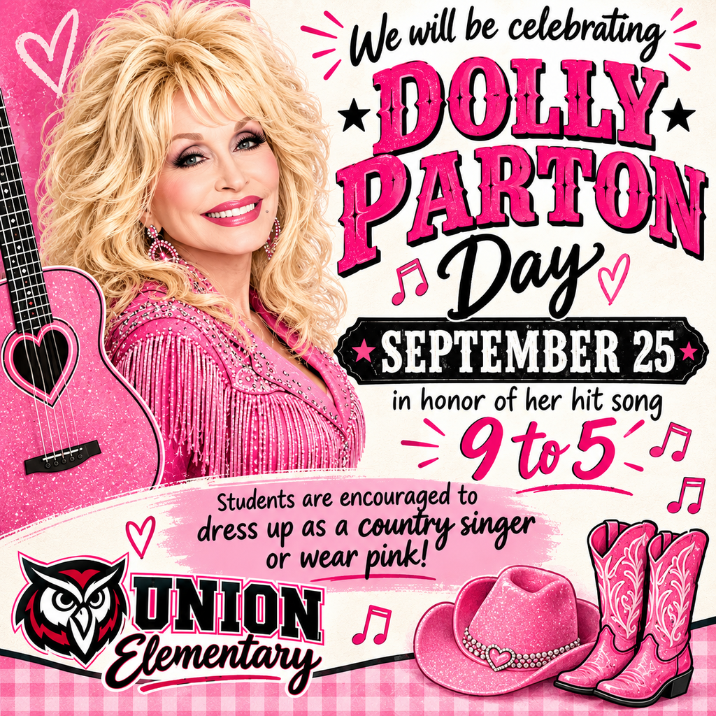 An event flyer displays a woman with blond hair in a pink dress, next to a guitar. It reads "Dolly Parton Day, September 25."