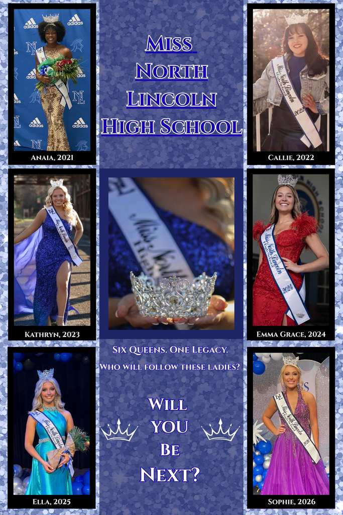 A poster features six crowned women in sashes. They wear gowns in blue, red, purple, and gold.