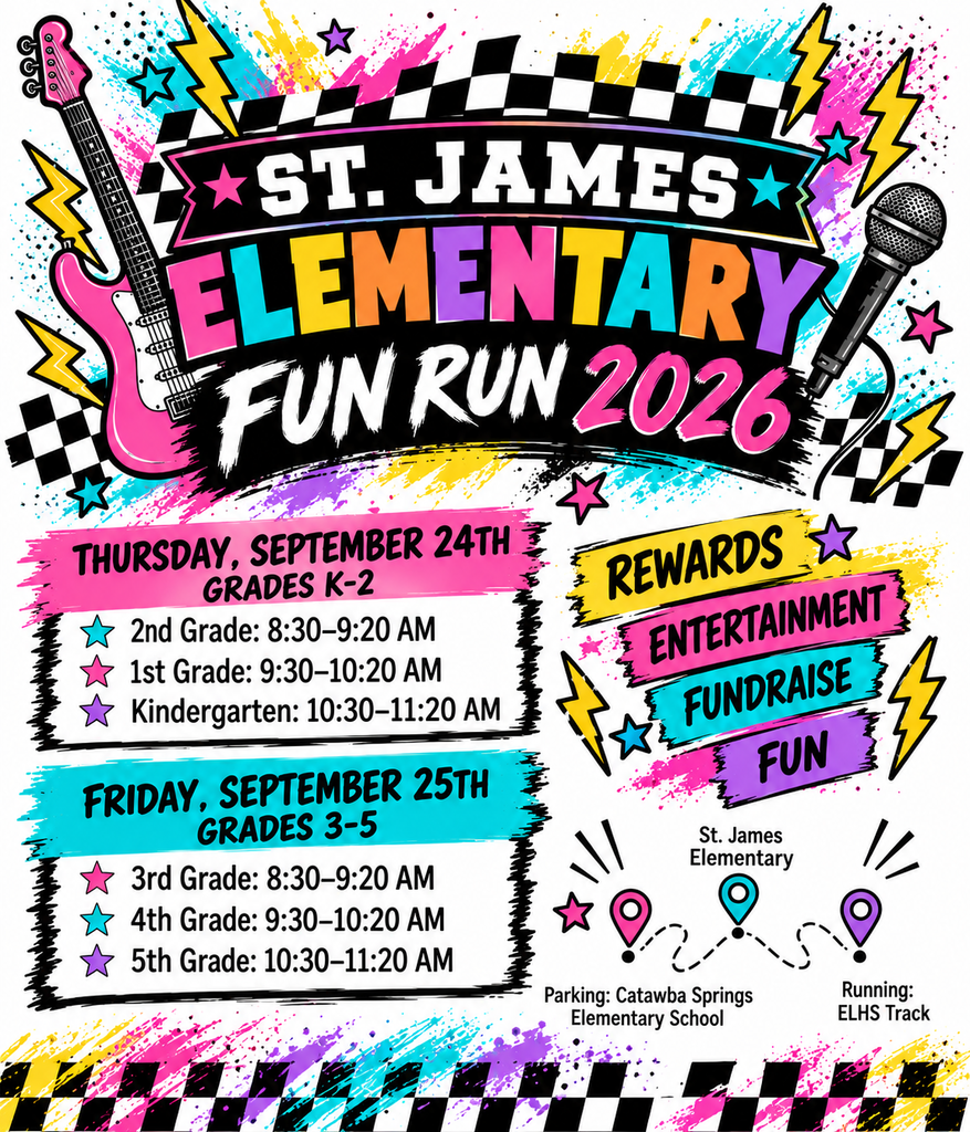 Fun run flyer for St. James Elementary 2026. Grades K-2 on Thursday, September 24th, and Grades 3-5 on Friday, September 25th.