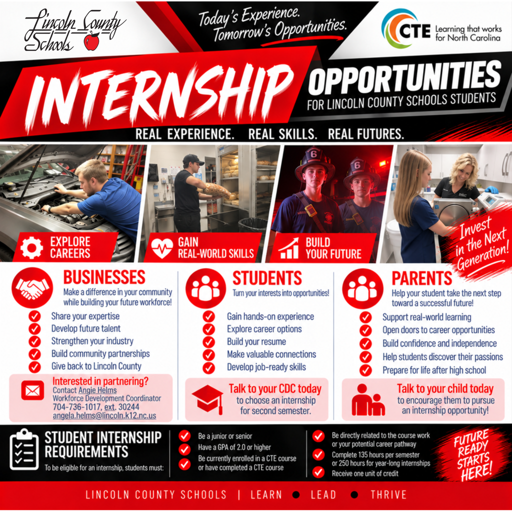 An ad with red and black text highlighting internship opportunities for students, featuring people in work environments and icons.