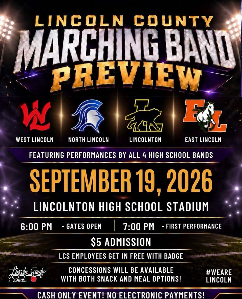 Lincoln County Marching Band Preview poster with four school logos, date, time, and venue.