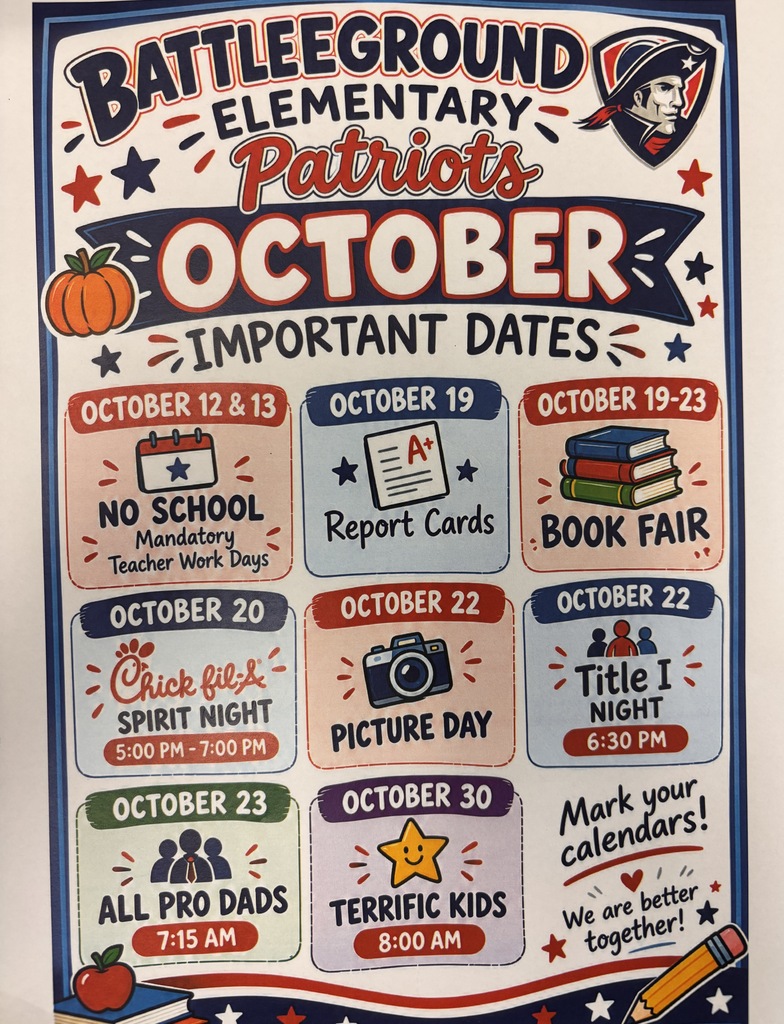 A schedule with various dates and events. Events include Spirit Night, Picture Day, Book Fair, and All Pro Dads.