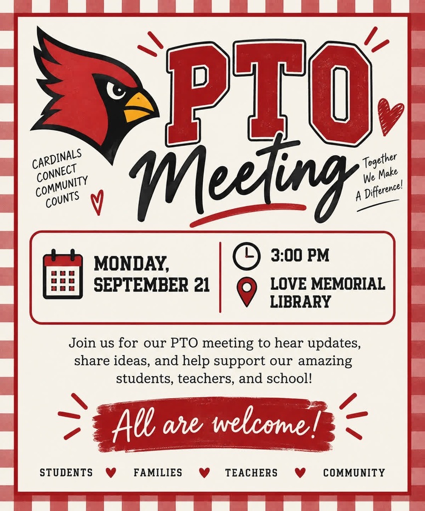PTO meeting flyer with a red bird, text, and icons. Red and white background. Date, time, and location for meeting.