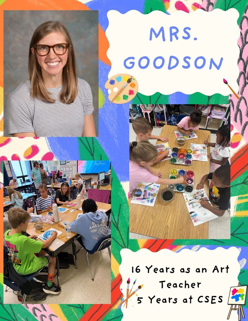 A collage featuring a smiling woman, named Mrs. Goodson, with text about her 16 years as an art teacher.