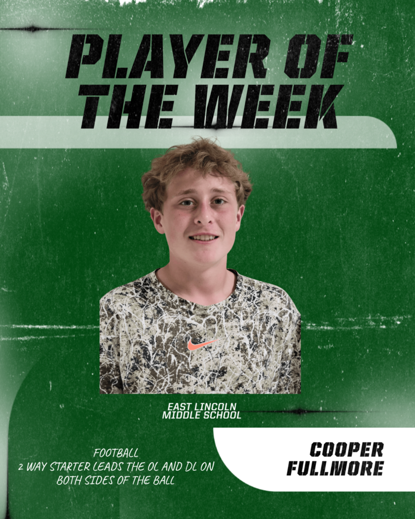 A green poster features a smiling boy named Cooper Fullmore. Text reads "Player of the Week" and "Football" with a description of his achievements.