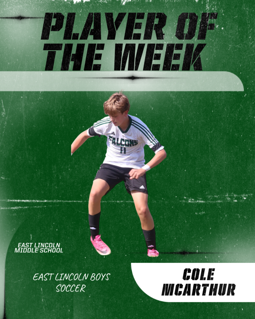 Poster with "Player of the Week" text above a soccer player. The player is jumping and wearing a white uniform.