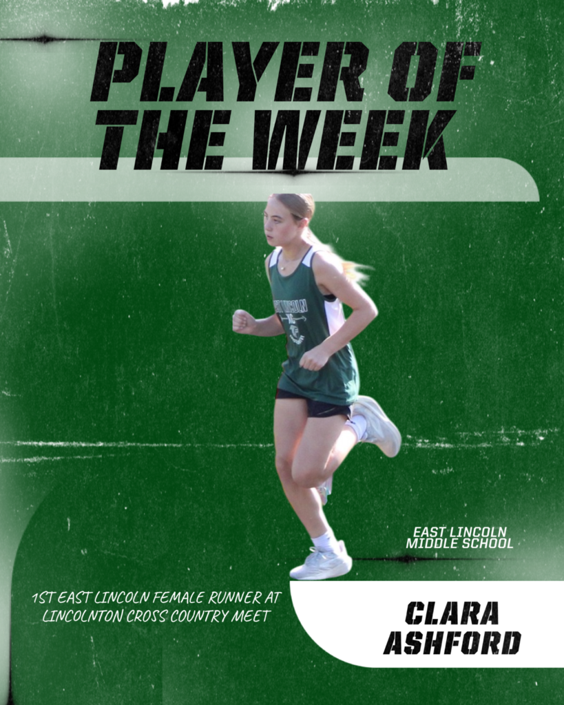 Poster features a woman running on a track. Text reads "Player of the Week" and "Clara Ashford." Background is green.