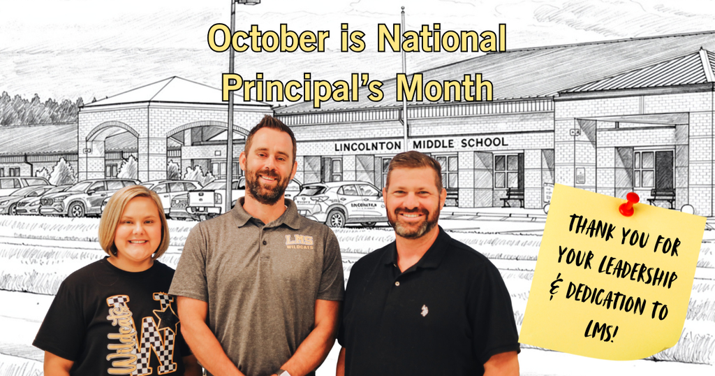 Three adults in front of a school. One holds a note that reads "Thank you for your leadership & dedication to IMS."