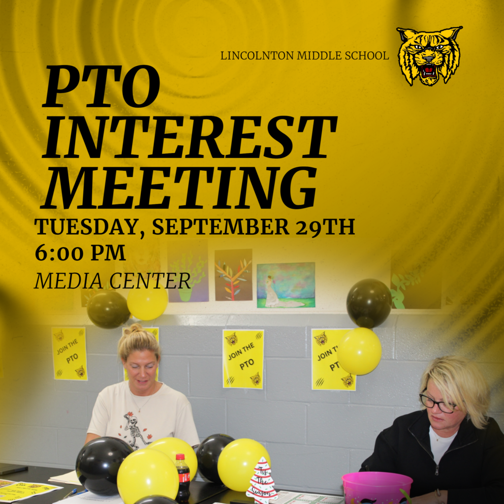 Two women sit at a table with balloons and decorations in a room. A poster displays "PTO Interest Meeting" details.