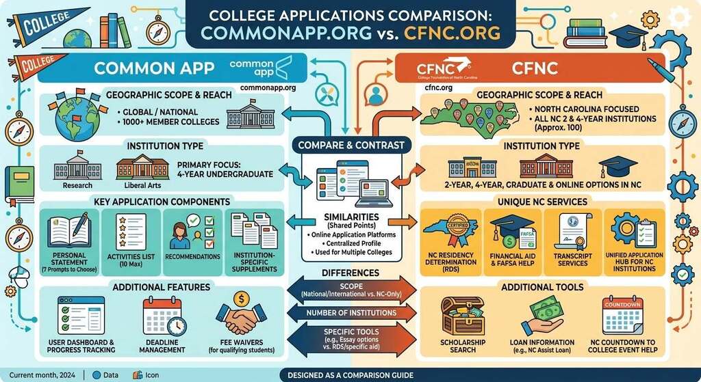 A comparison chart between Common App and Coalition App, displaying information about geographic scope, application components, and additional features.