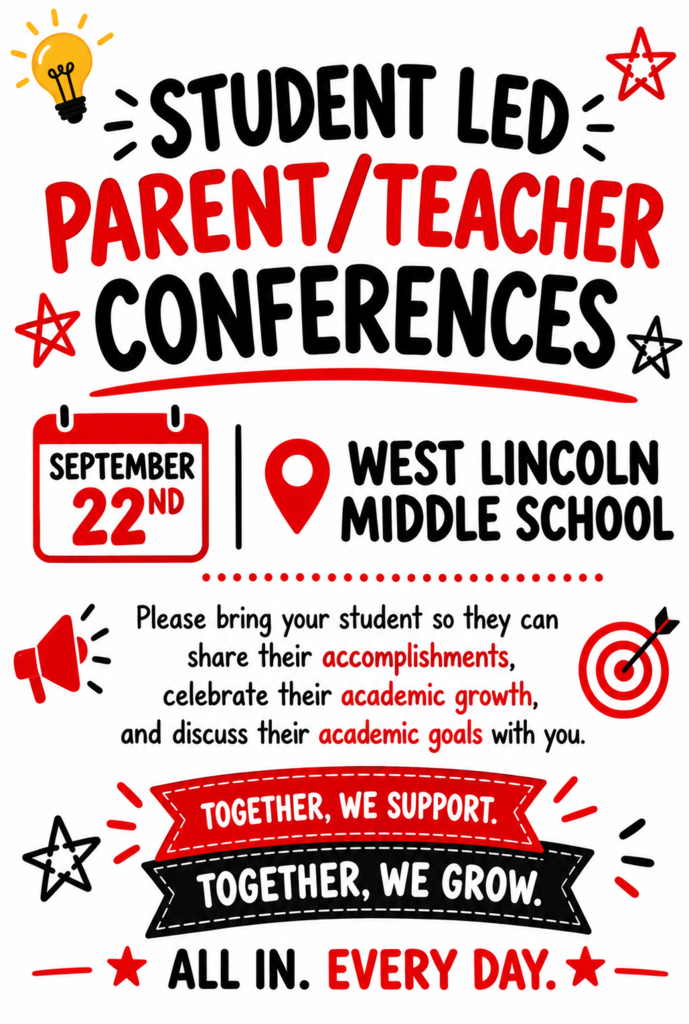 Poster with "Student Led Parent/Teacher Conferences" on top. Below, a date, school name, and bulleted list of encouragements.