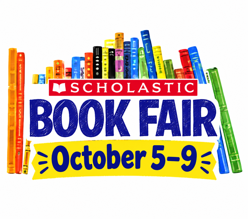 Scholastic Book Fair promotional graphic featuring colorful book spines lined up along the top border. A red banner reads "SCHOLASTIC," followed by large blue text that reads "BOOK FAIR." Below, a yellow banner reads "October 5-9."