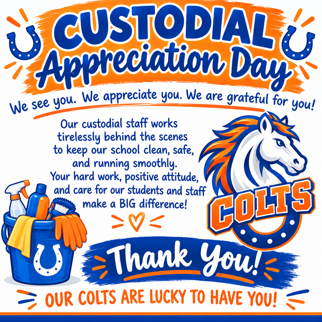 An illustrated poster highlights custodial appreciation with a horse logo, a bucket of cleaning tools, and a thank-you message.