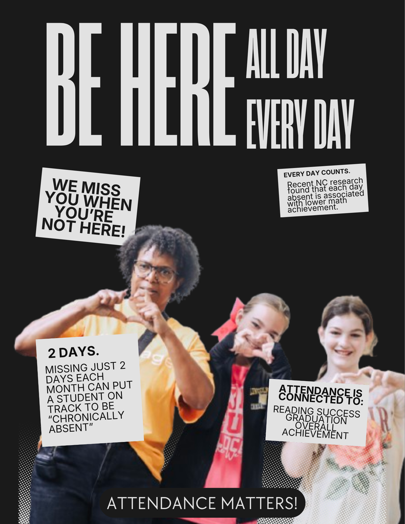 Poster with bold text: "BE HERE ALL DAY EVERY DAY". It features three people holding signs. One says, "We miss you when you're not here!"