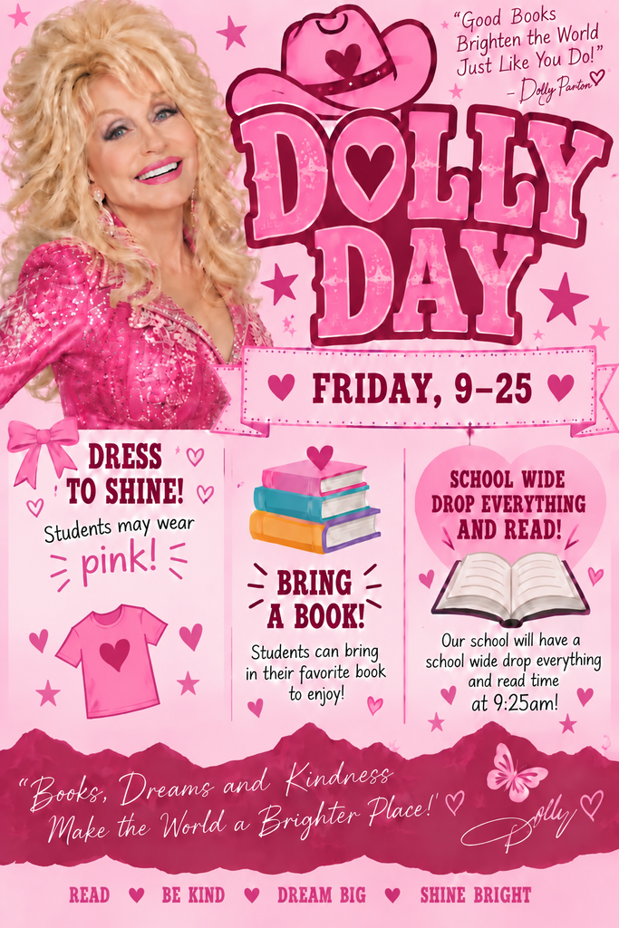 A poster for Dolly Day features a smiling woman, pink text, and images of a book, t-shirt, and butterfly.