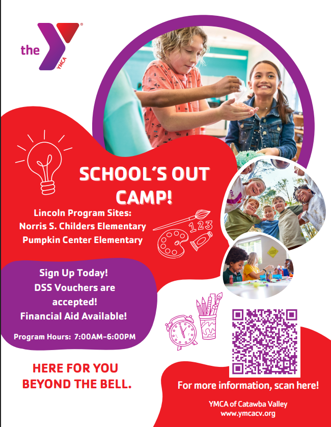 Flyer with text for summer camp. It shows three kids at different activities, a QR code, and a lightbulb.
