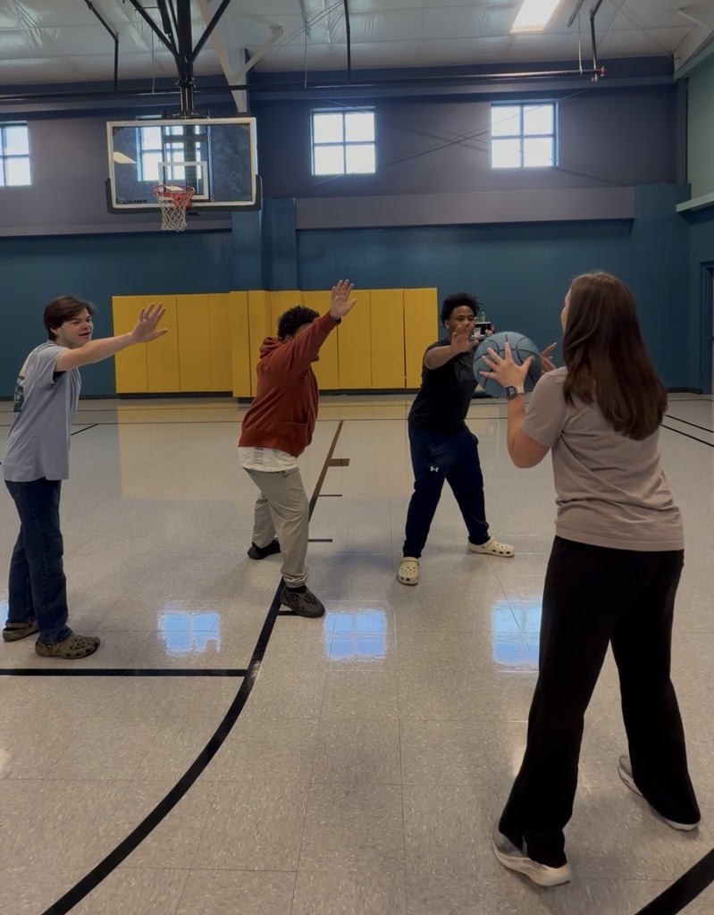 Four individuals playing a game with a ball in a gymnasium. One woman holds a ball.