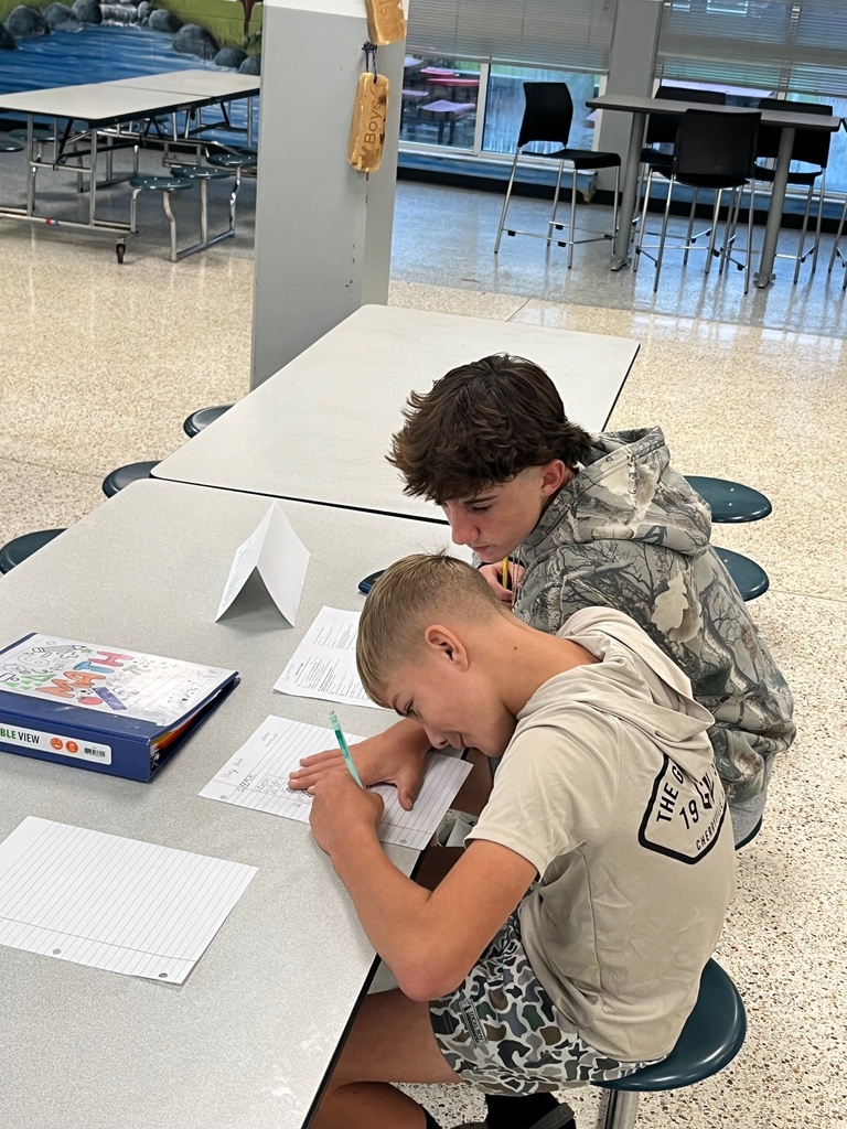 Two boys seated in a classroom. One holds a pen and writes on paper. Tables and chairs surround them.