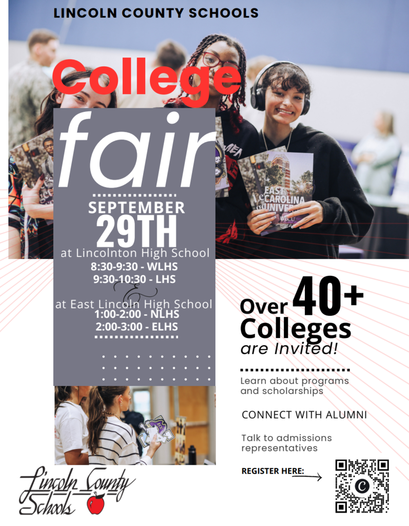 Flyer with students holding college fair hand outs and also information about our county college fair