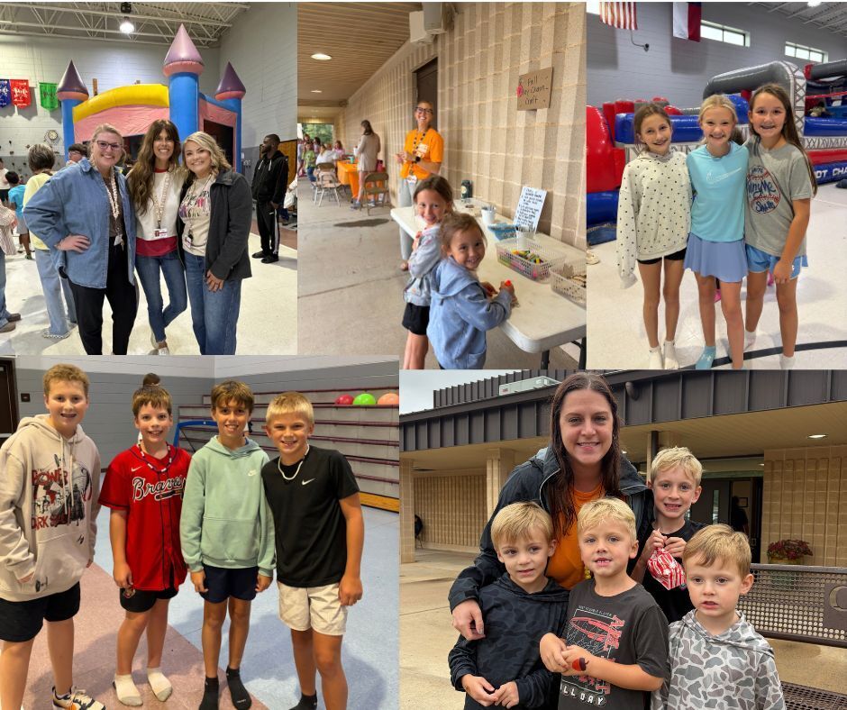 Collage of kids and adults at an indoor event. Groups standing together, smiling, some wearing jackets. Background includes a building and inflatables.