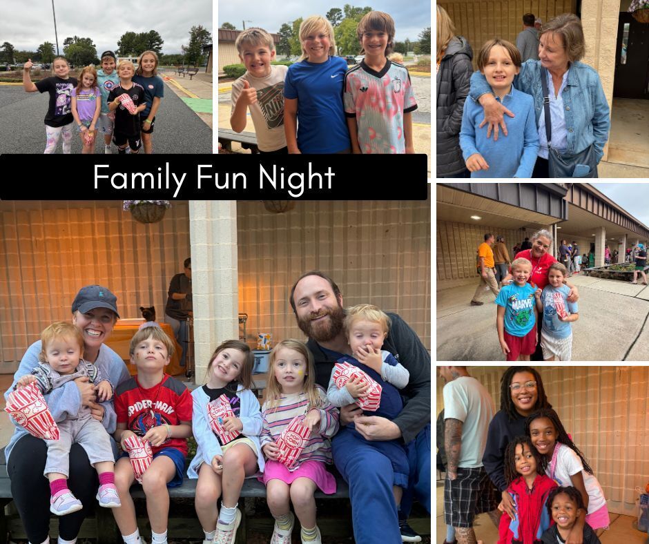 A collage of images showing families having fun together with children. Each photo is labeled "Family Fun Night".