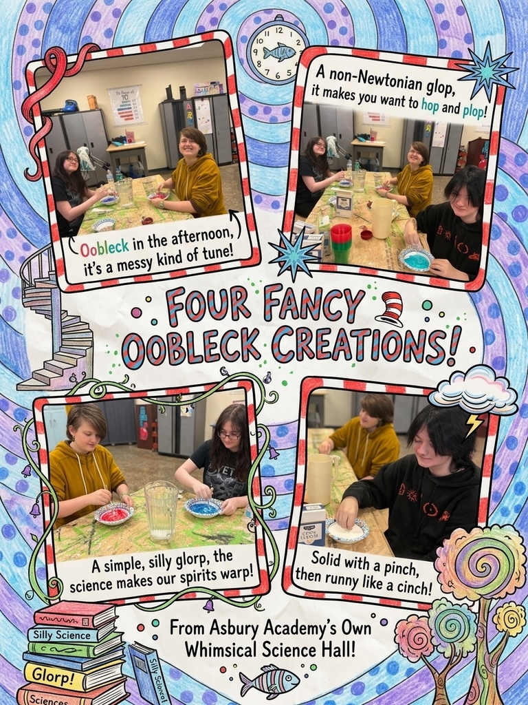 A collage of four images shows children making oobleck with text overlays describing the substance. Background includes a classroom setting.