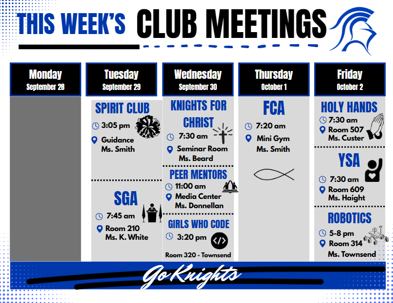 A poster displays weekly club meetings. Sections include "Monday," "Tuesday," and so on. Each day lists club names, times, and locations.