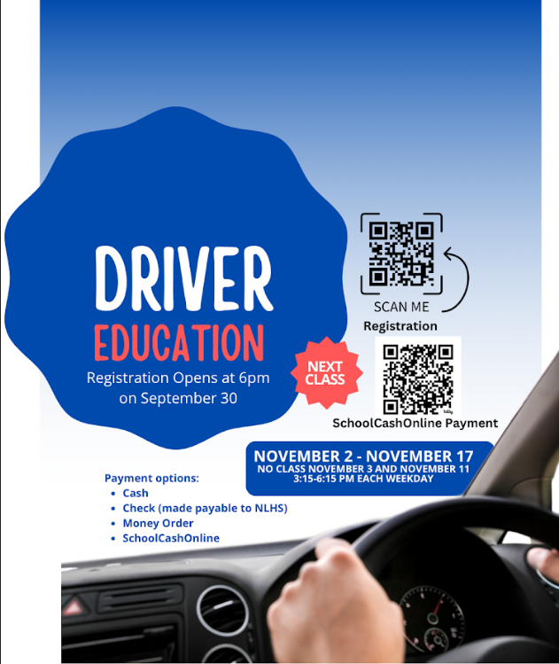 An advertisement for driver education with a blue background. A person holds a steering wheel.
