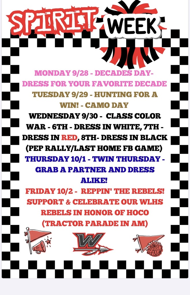 Spirit Week flyer with bold text and colorful checkerboard pattern. The schedule includes activities like Decades Day, Camo Day, Class Color War, and a Tractor Parade.