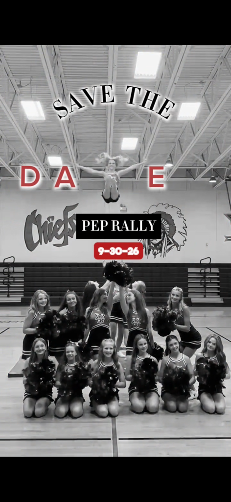 A cheerleading team poses for a photo inside a gymnasium. They wear matching uniforms and pom-poms. Text reads "SAVE THE DATE PEP RALLY 9-30-26."