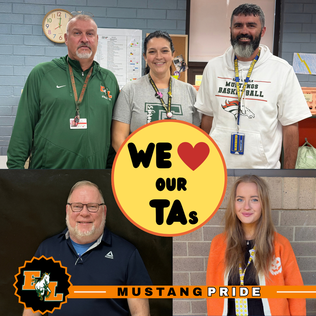 Five people in a collage, all wearing lanyards. Yellow text reads "WE love OUR TAs". Below, "Mustang Pride" in white text.