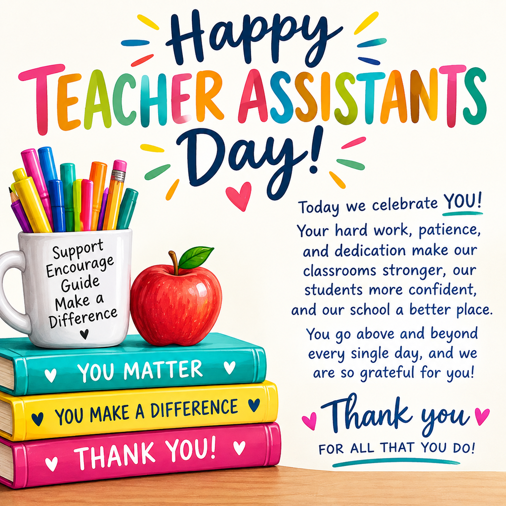 A greeting card with colorful text and designs. A cup, apple, and books are displayed. Words include "Happy Teacher Assistants Day!" and "You Matter."