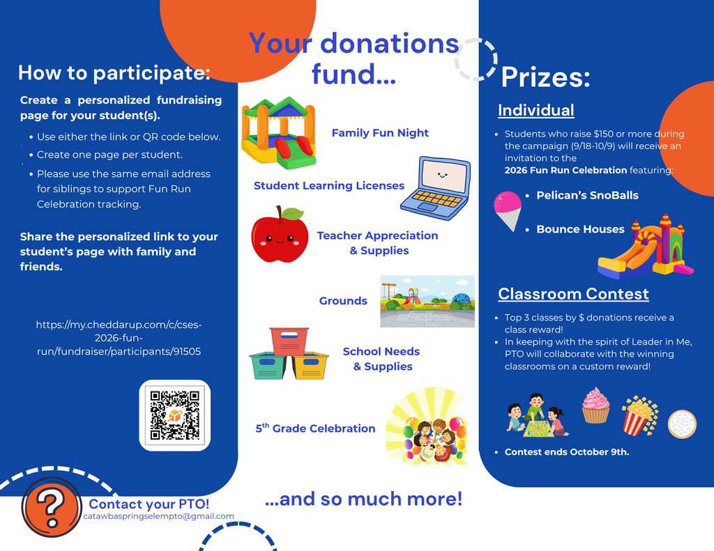 A flyer with blue and orange colors shows steps to donate for prizes like Family Fun Night and Teacher Appreciation.
