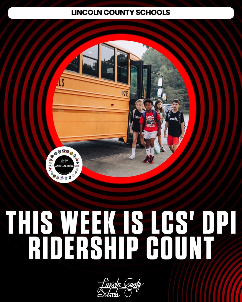 Advertisement poster for the Lincoln County Schools DPI Ridership Count, featuring children in front of a school bus.