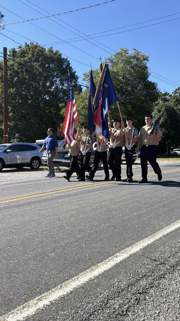 A group of flag bearers walks on a road with a blue sky and green trees. Cars parked in the background.