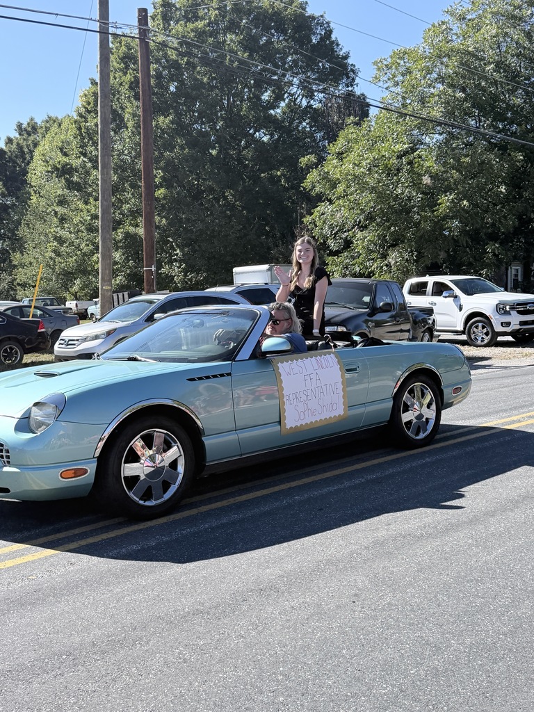 Two people stand in a blue convertible car, with a banner, driving through a street lined with parked vehicles. Trees and a clear sky are in the background.