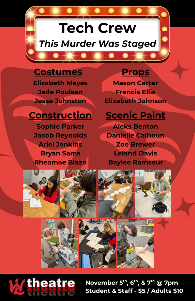 Poster with red background listing theater crew for "Tech Crew This Murder Was Staged." Details include team members for costumes, props, construction, scenic paint.