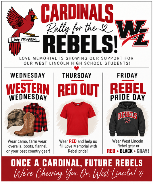 Poster showing Western Lincoln students' rally days. Days include Western Wednesday, Red Out Thursday, and Rebel Pride Day on Friday.